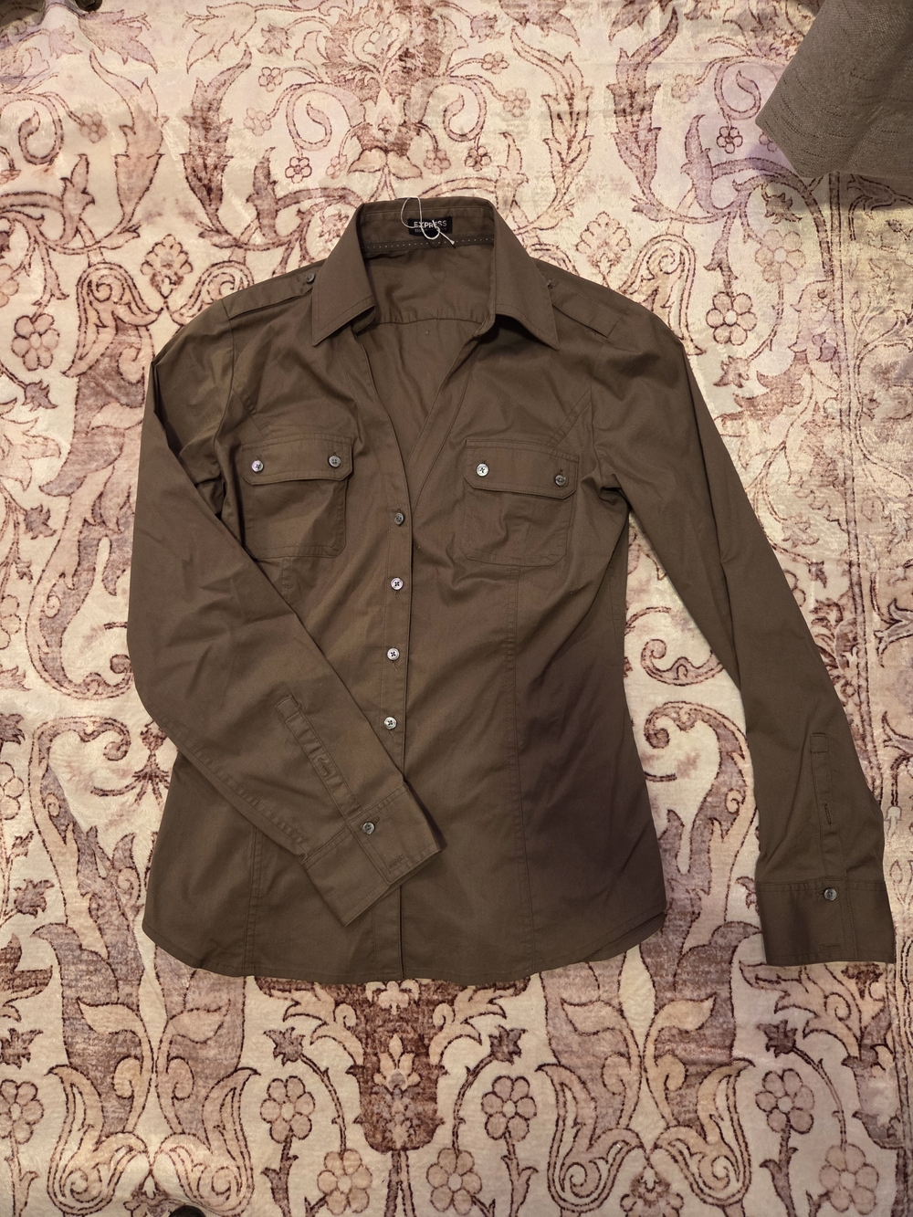 Express Olive Brown Button-Front Shirt